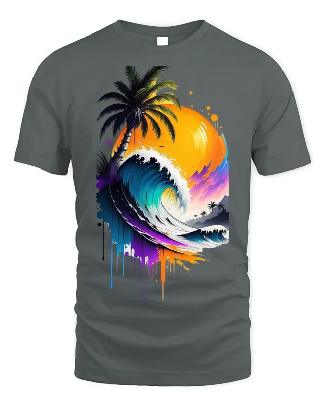 Tropical Wave Sunset Palm Art T-Shirt - gray t-shirt on white background