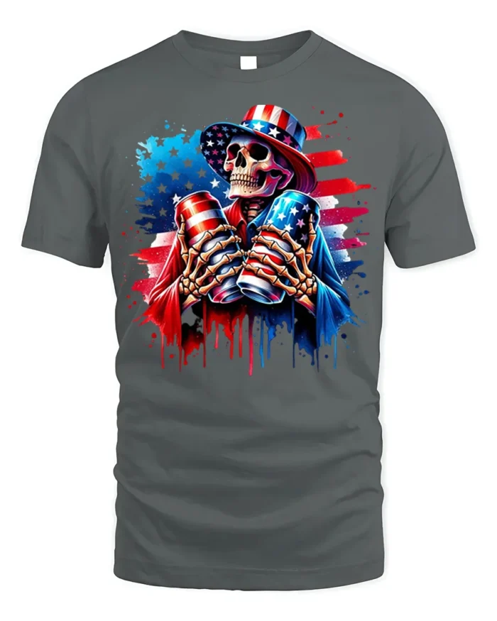 Patriotic Skull Beer Cans 4th of July T-Shirt - gray t-shirt on white background