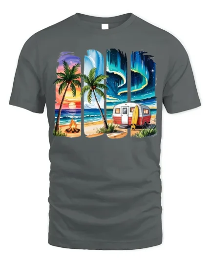 Beach Camper Sunset Aurora Chill T-Shirt - gray t-shirt on white background