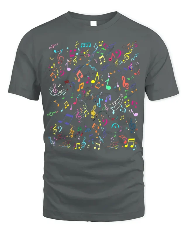 Colorful Music Notes Pattern Graphic T-Shirt - gray t-shirt on white background