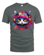 Graffiti DJ Cat Headphones Street Art T-Shirt - gray t-shirt on white background