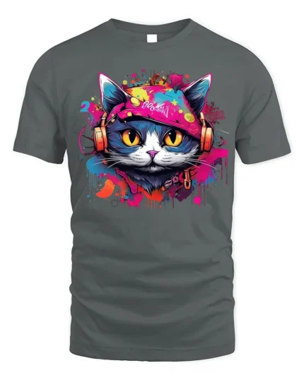 Graffiti DJ Cat Headphones Street Art T-Shirt - gray t-shirt on white background