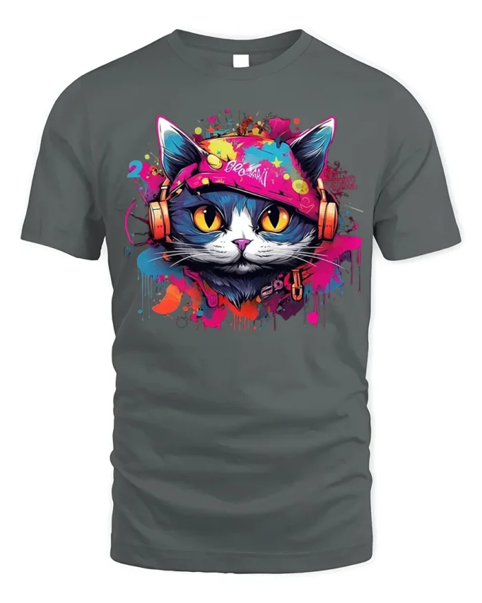 Graffiti DJ Cat Headphones Street Art T-Shirt - gray t-shirt on white background