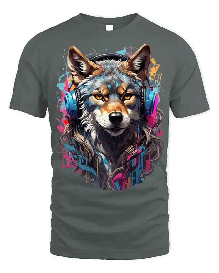 DJ Wolf Headphones Urban Style T-Shirt - gray t-shirt on white background