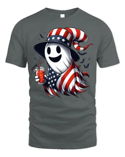 Patriotic Ghost Halloween T-Shirt USA Flag Style - gray t-shirt on white background