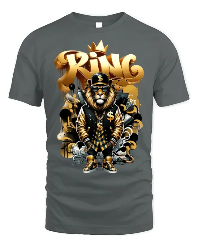 Hip Hop King Lion T-Shirt with Gold Street Style - gray t-shirt on white background