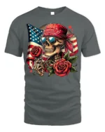 Skull Bandana T-Shirt with Roses and USA Flag - gray t-shirt on white background