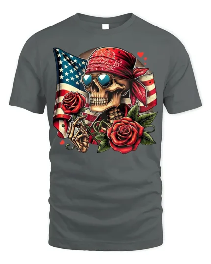Skull Bandana T-Shirt with Roses and USA Flag - gray t-shirt on white background