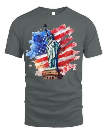 Statue of Liberty USA Flag Patriotic T-Shirt - gray t-shirt on white background