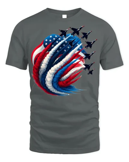 Patriotic Jet Flyover American Flag T-Shirt - gray t-shirt on white background