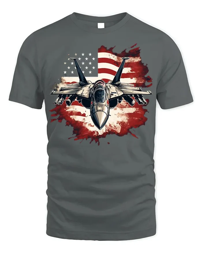 US Air Force Fighter Jet American Flag T-Shirt - gray t-shirt on white background