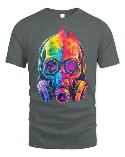 Psychedelic Gas Mask Skull Art T-Shirt - gray t-shirt on white background