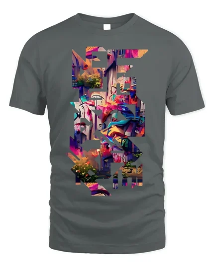 Urban Graffiti Cityscape Cutout T-Shirt - gray t-shirt on white background