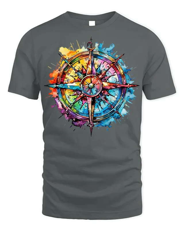 Colorful Compass Rose Splatter Art T-Shirt - gray t-shirt on white background