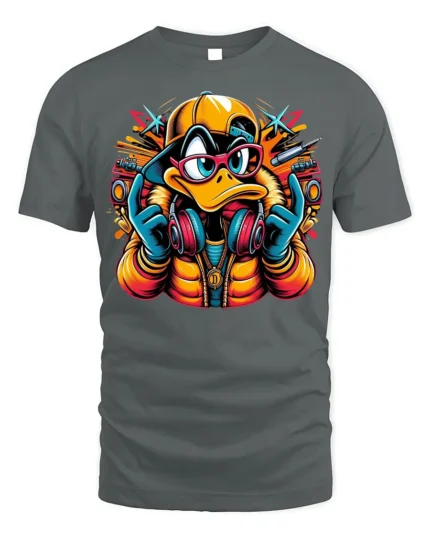 Hip Hop DJ Duck Cartoon Streetwear T-Shirt - gray t-shirt on white background