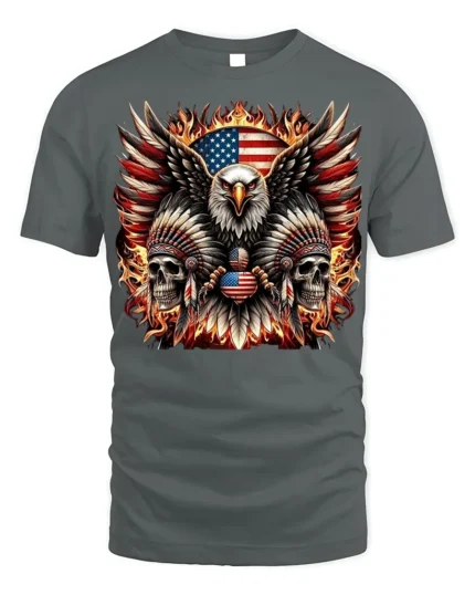 Patriotic Eagle Skull Fire Feathers T-Shirt - gray t-shirt on white background