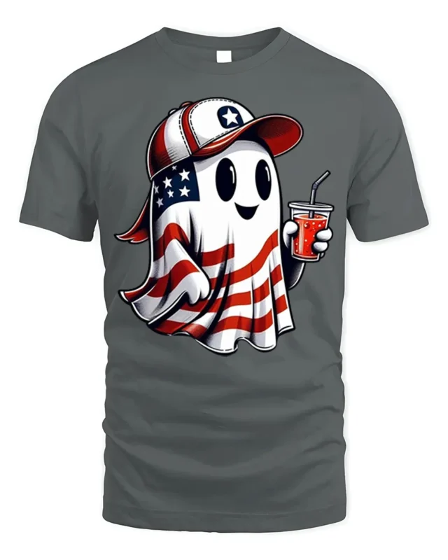 Patriotic Ghost Soda USA Flag T-Shirt - gray t-shirt on white background