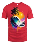 Tropical Wave Sunset Palm Art T-Shirt - red t-shirt on white background
