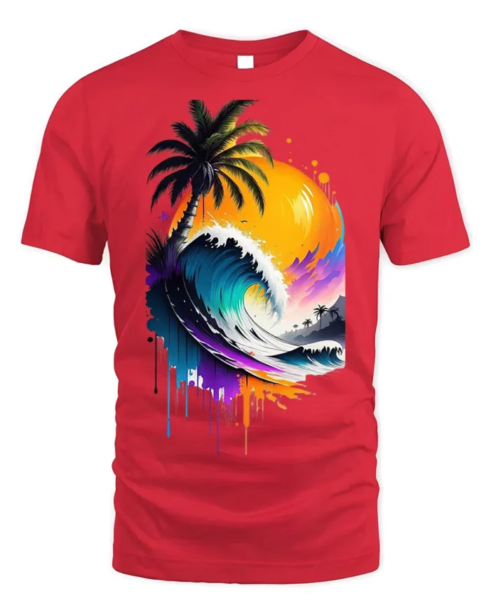 Tropical Wave Sunset Palm Art T-Shirt - red t-shirt on white background