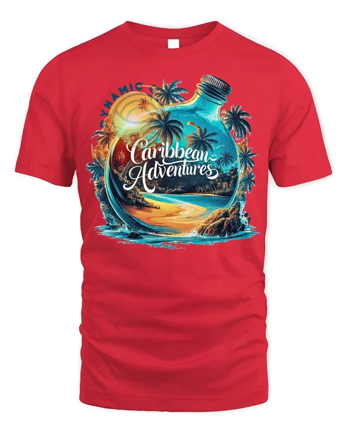 Caribbean Adventures Beach Bottle T-Shirt - red t-shirt on white background