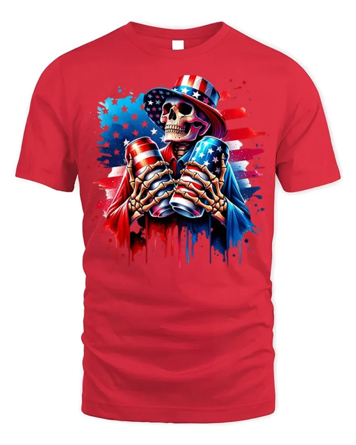 Patriotic Skull Beer Cans 4th of July T-Shirt - red t-shirt on white background