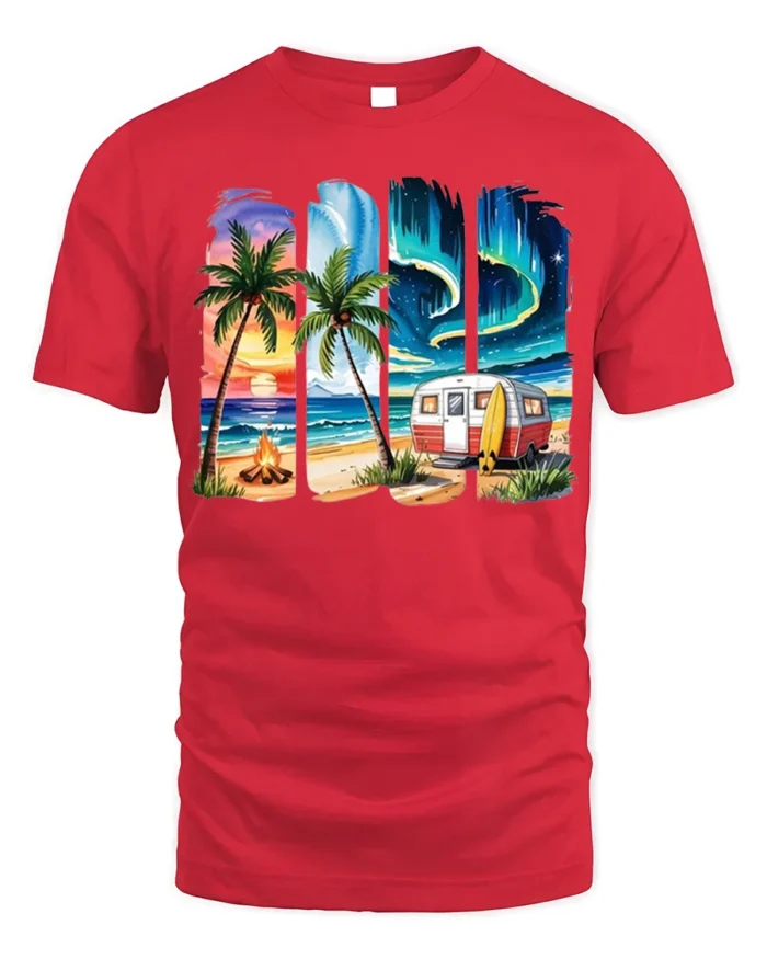 Beach Camper Sunset Aurora Chill T-Shirt - red t-shirt on white background