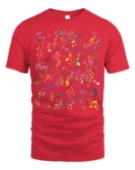 Colorful Music Notes Pattern Graphic T-Shirt - red t-shirt on white background