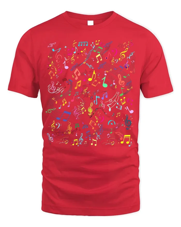Colorful Music Notes Pattern Graphic T-Shirt - red t-shirt on white background
