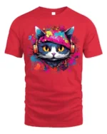 Graffiti DJ Cat Headphones Street Art T-Shirt - red t-shirt on white background