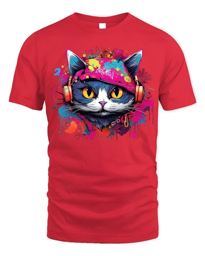 Graffiti DJ Cat Headphones Street Art T-Shirt - red t-shirt on white background
