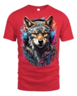 DJ Wolf Headphones Urban Style T-Shirt - red t-shirt on white background