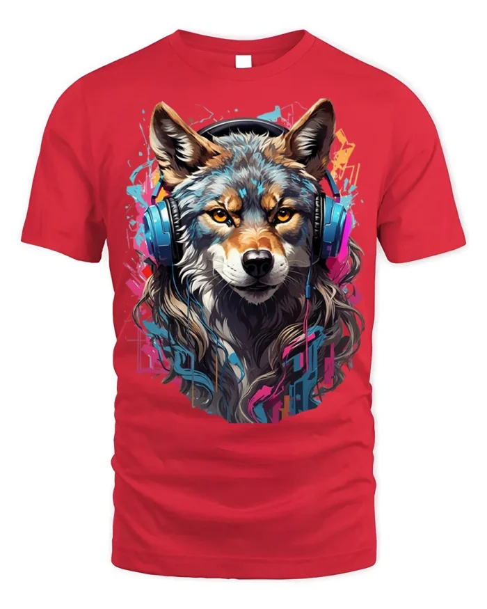 DJ Wolf Headphones Urban Style T-Shirt - red t-shirt on white background