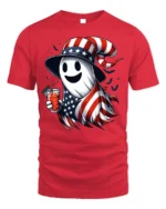 Patriotic Ghost Halloween T-Shirt USA Flag Style - red t-shirt on white background