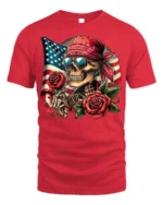 Skull Bandana T-Shirt with Roses and USA Flag - red t-shirt on white background