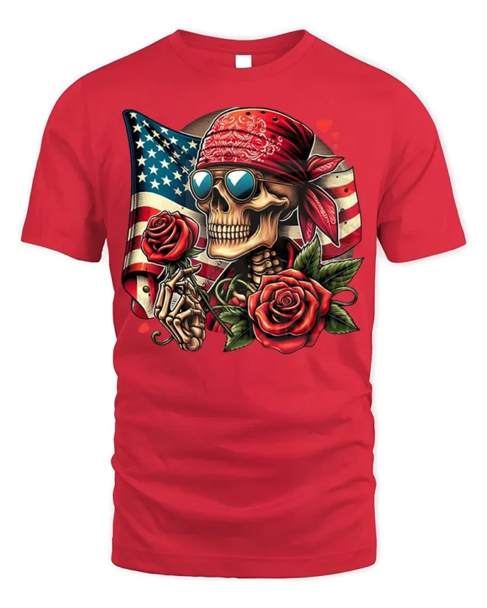 Skull Bandana T-Shirt with Roses and USA Flag - red t-shirt on white background