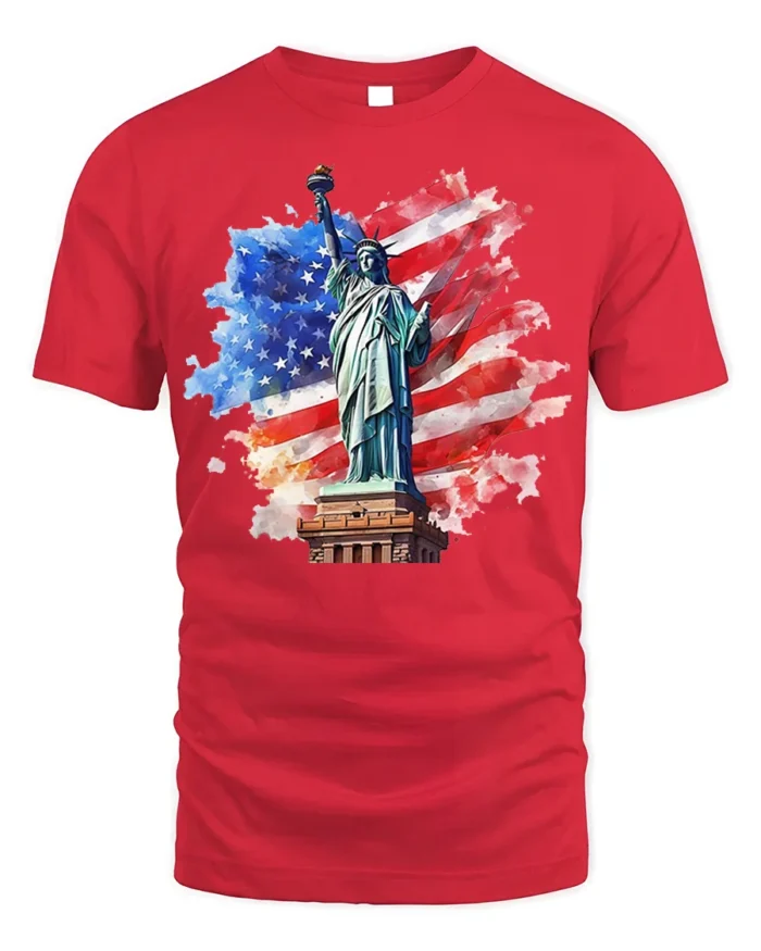 Statue of Liberty USA Flag Patriotic T-Shirt - red t-shirt on white background