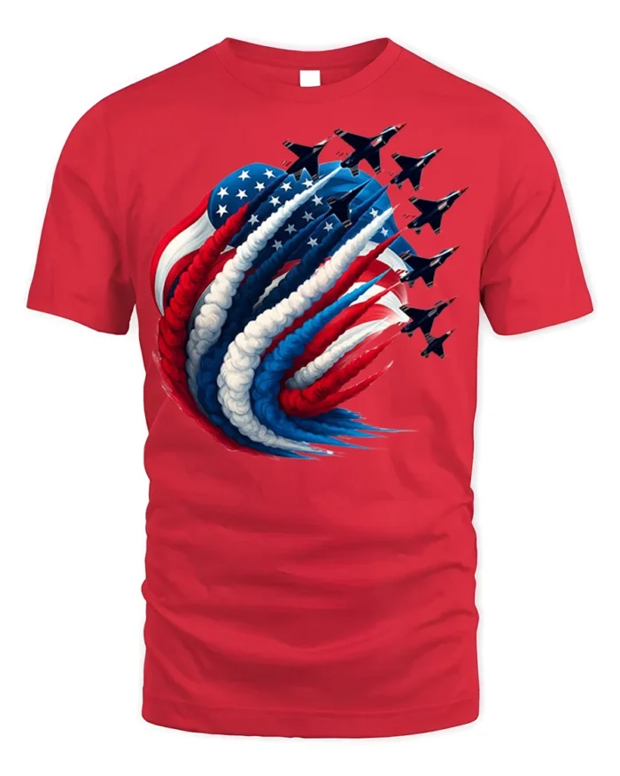 Patriotic Jet Flyover American Flag T-Shirt - red t-shirt on white background