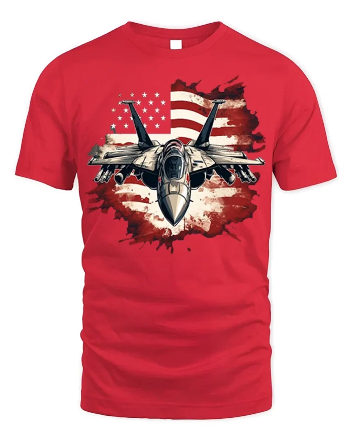 US Air Force Fighter Jet American Flag T-Shirt - red t-shirt on white background
