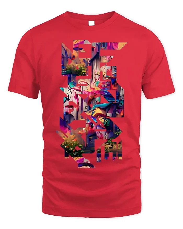 Urban Graffiti Cityscape Cutout T-Shirt - red t-shirt on white background