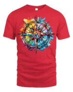 Colorful Compass Rose Splatter Art T-Shirt - red t-shirt on white background