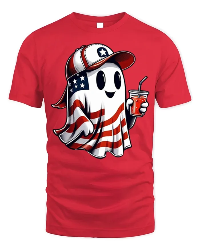 Patriotic Ghost Soda USA Flag T-Shirt - red t-shirt on white background