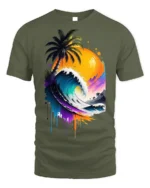 Tropical Wave Sunset Palm Art T-Shirt - military green t-shirt on white background