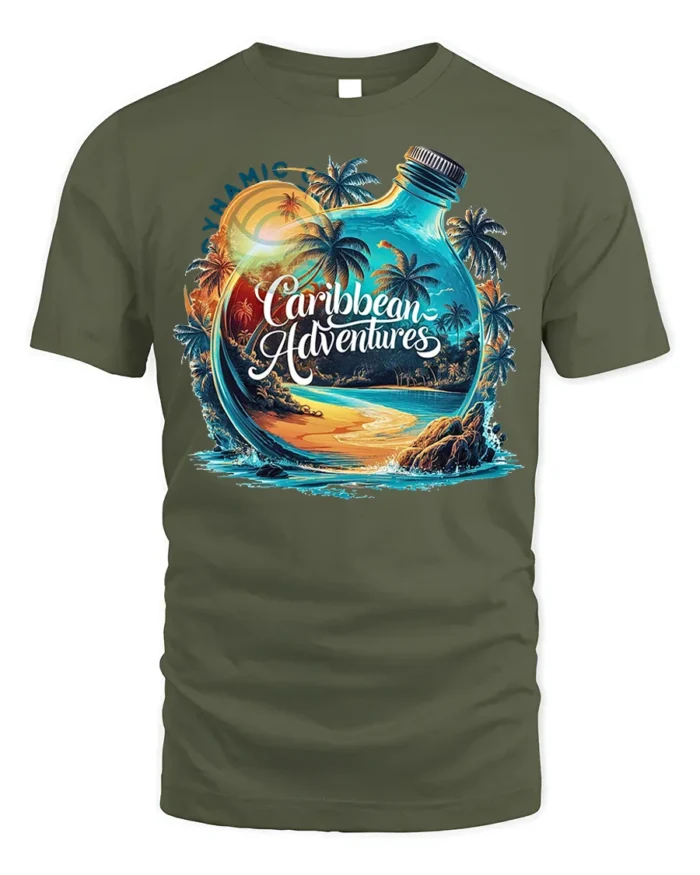Caribbean Adventures Beach Bottle T-Shirt - military green t-shirt on white background
