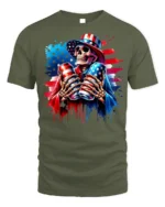 Patriotic Skull Beer Cans 4th of July T-Shirt - military green t-shirt on white background
