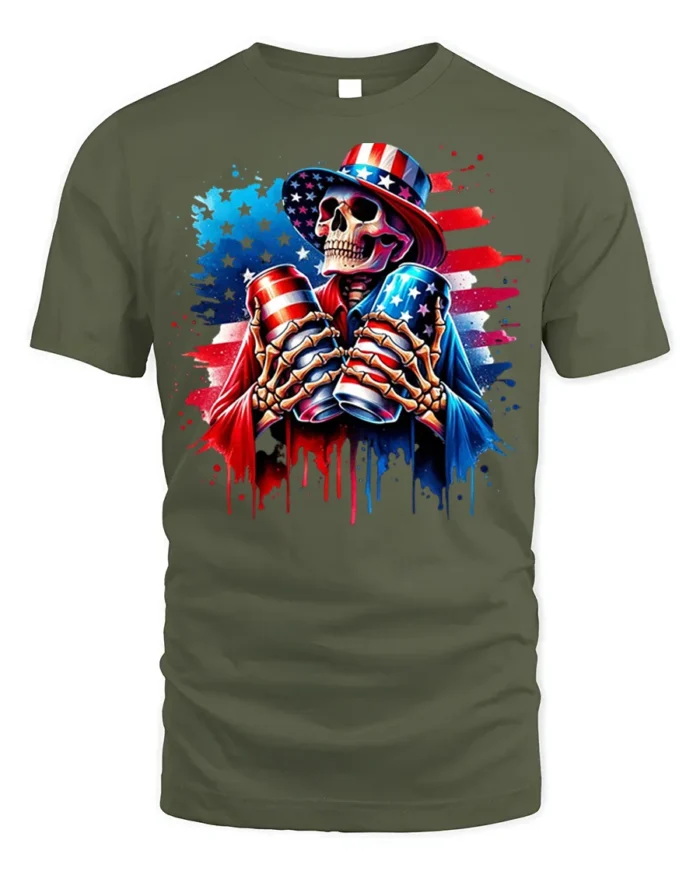 Patriotic Skull Beer Cans 4th of July T-Shirt - military green t-shirt on white background
