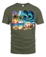 Beach Camper Sunset Aurora Chill T-Shirt - military green t-shirt on white background