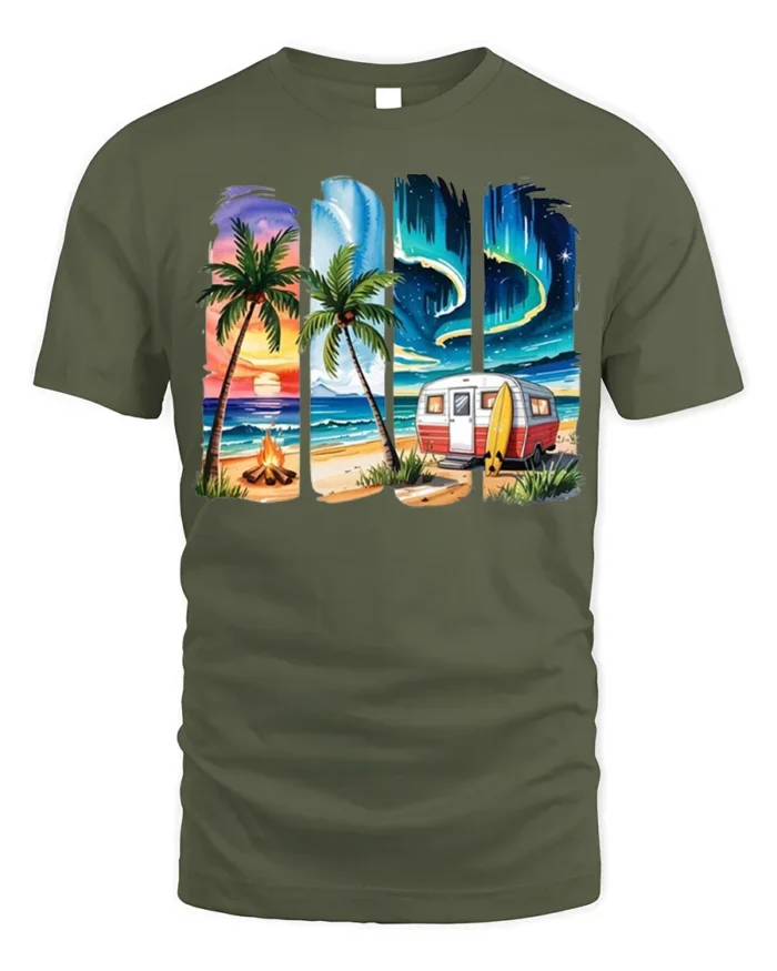 Beach Camper Sunset Aurora Chill T-Shirt - military green t-shirt on white background