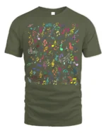 Colorful Music Notes Pattern Graphic T-Shirt - military green t-shirt on white background