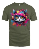 Graffiti DJ Cat Headphones Street Art T-Shirt - military green t-shirt on white background