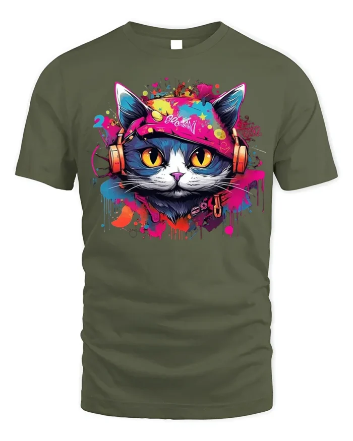 Graffiti DJ Cat Headphones Street Art T-Shirt - military green t-shirt on white background